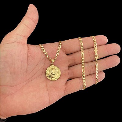 CORRENTE GRUMET( 2mm 60 ou 70cm) + PINGENTE MEDALHA LEÃO DE JUDA