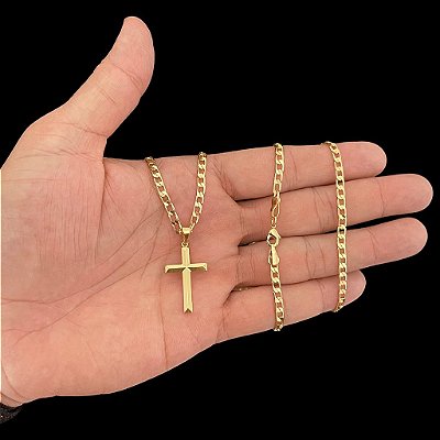 CORRENTE GRUMET (2mm -60 ou 70cm )+ PINGENTE CRUZ DETALHADA - BANHADO A OURO 18K