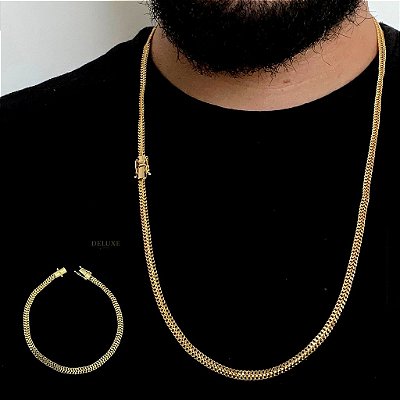 CORRENTE GRUMET  DUPLA FECHO GAVETA (4mm- 70cm)  + PULSEIRA GRUMET  DUPLA FECHO GAVETA (4mm- 20cm)  - FECHO COM MARCAÇÃO 750 - BANHADO A OURO 18K