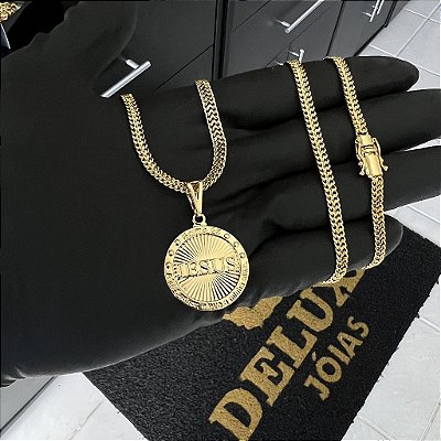 CORRENTE GRUMET DUPLA FECHO GAVETA COM MARCAÇÃO  750 (4mm - 70cm )+ PINGENTE MEDALHA JESUS  - BANHADO A OURO 18K