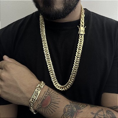 CORRENTE LACRAIA (13mm -70cm)  + PULSEIRA LACRAIA (13mm -20cm) - FECHO COM MARCAÇÃO 750 - BANHADO A OURO 18K