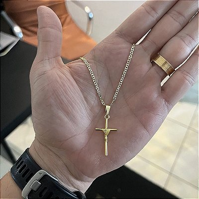 Corrente Piastrine 2mm 70cm + Pingente Cruz – Banhada a Ouro 18K