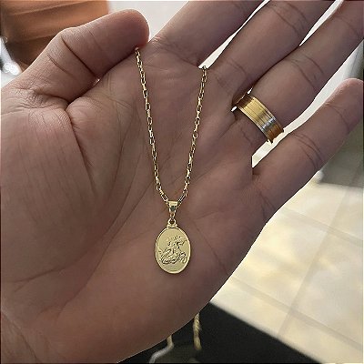 Corrente Tijolinho 2mm 50,60 ou 70cm + Pingente São jorge – Banhada a Ouro 18K