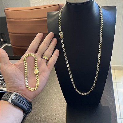 Corrente 6mm 70cm + Pulseira 21cm – Banho Ouro 18k