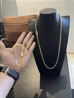 CORRENTE PITBULL FECHO GAVETA (6mm- 70cm)+ PULSEIRA PITBULL FECHO GAVETA (6mm- 20cm)  - FECHO COM MARCAÇÃO 750 - BANHADO A OURO 18K