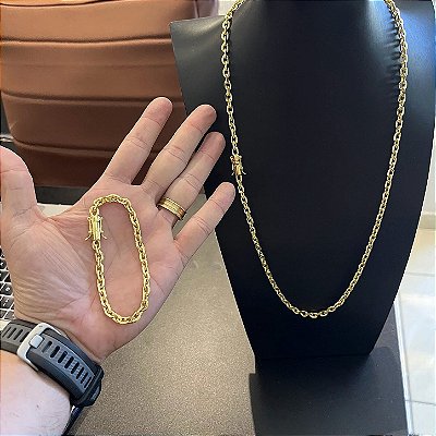 Corrente Cadeado 5mm 70cm + Pulseira 21cm – Banho Ouro 18k