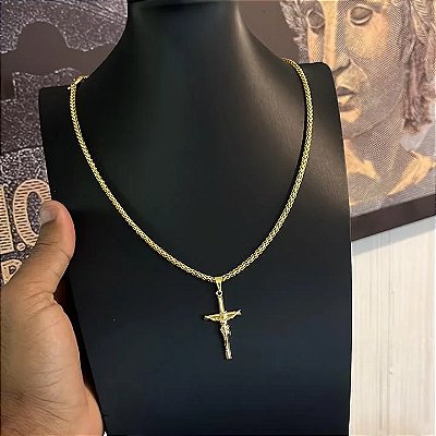 Corrente Peruana 3mm 70cm + Pingente Crucifixo com Jesus – Banhada a Ouro 18K