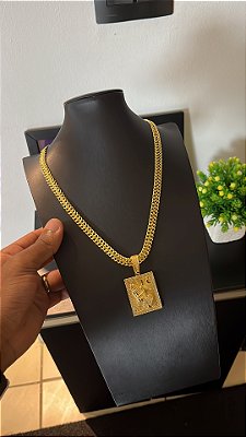 CORRENTE  GRUMET DUPLA  (7mm - 28g  70cm) + PINGENTE PLACA FÉ  G- BANHO DE OURO 18k