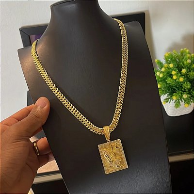 Corrente Grumet 7mm 70cm + Pingente Placa – Banhada a Ouro 18K