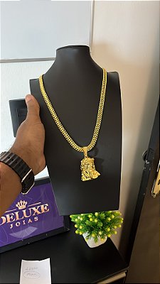 CORRENTE  GRUMET DUPLA  (7mm - 28g  70cm) + PINGENTE JESUS CRISTO  G- BANHO DE OURO 18k