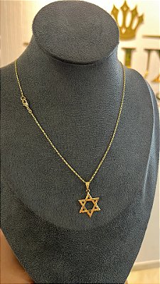 CORRENTE TIJOLINHO  2mm + PINGENTE ESTRELA DE DAVI ( 2mm 50cm FEM ) - BANHO DE OURO 18k