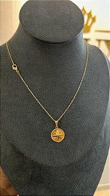 CORRENTE TIJOLINHO  2mm + PINGENTE MEDALHA ROSA DOS VENTOS ( 2mm 50cm FEM ) - BANHO DE OURO 18k