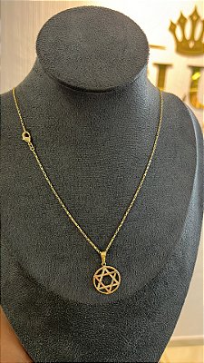 CORRENTE TIJOLINHO  2mm + PINGENTE MEDALHA ESTRELA DE DAVI ( 2mm 50cm FEM ) - BANHO DE OURO 18k