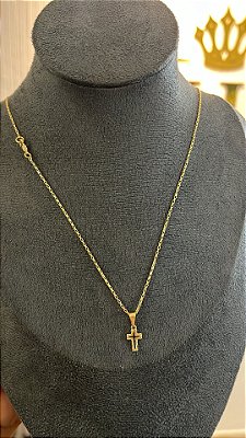 CORRENTE TIJOLINHO  2mm + PINGENTE CRUZ VAZADA ( 2mm 50cm FEM ) - BANHO DE OURO 18k