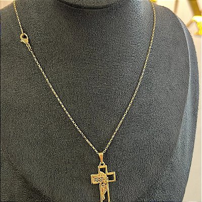 Corrente Tijolinho 2mm 50cm + Pingente Cruz – Banhada a Ouro 18K