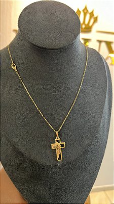 CORRENTE TIJOLINHO 2mm + PINGENTE CRUZ VAZADA  COM JESUS ( 2mm 50cm FEM ) - BANHO DE OURO 18k