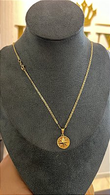 CORRENTE PIASTRINE ( 2mm 50cm FEM ) + PINGENTE  MEDALHA ROSA DOS VENTOS - BANHO DE OURO 18k