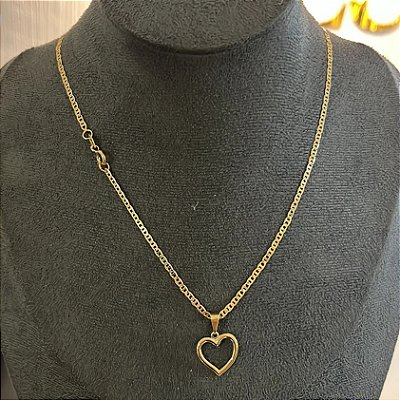 Corrente Piastrine 2mm 50cm + Pingente Coração – Banhada a Ouro 18K