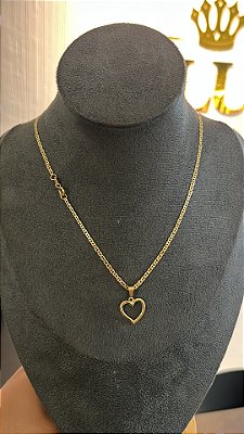 CORRENTE PIASTRINE ( 2mm 50cm FEM ) + PINGENTE  CORAÇÃO  VAZADO - BANHO DE OURO 18k