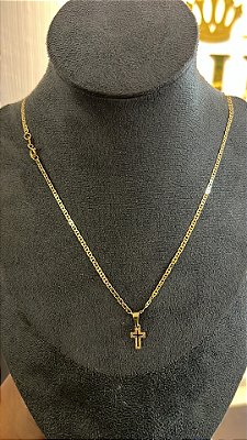 CORRENTE PIASTRINE ( 2mm 50cm FEM ) + PINGENTE CRUZ VAZADA - BANHO DE OURO 18k