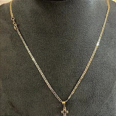 Corrente Piastrine 2mm 50cm + Pingente Cruz – Banhada a Ouro 18K