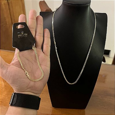 Corrente Grumet 3mm 60cm + Pulseira 21cm – Banhada a Ouro 18K