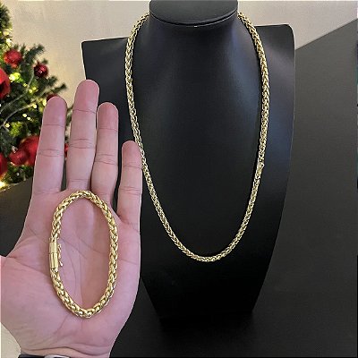 Corrente Peruana 8mm 70cm + Pulseira 21cm – Banho Ouro 18k