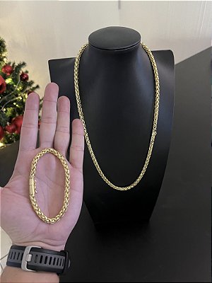 CORRENTE PERUANA FECHO CANHÃO ( 70cm-8mm) + PULSEIRA PERUANA FECHO CANHÃO ( 20cm-8mm) - BANHADO A OURO 18K