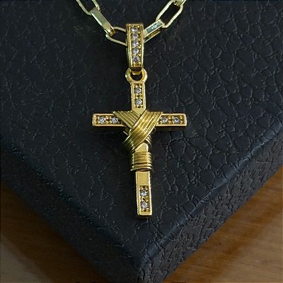 Pingente Cruz Enrolada Cravejada – Banho Ouro 18k