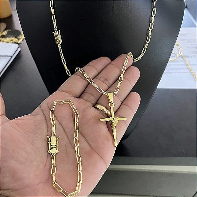 Kit Corrente Cartier 60/70cm + Pulseira 21cm + Pingente Cruz Maciça – Banhado a Ouro 18K
