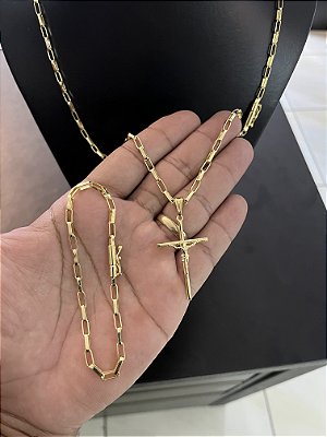 CORRENTE ALONGADA FECHO GAVETA (4cm-70cm) + PULSEIRA ALONGADA FECHO GAVETA (4cm-20cm) FECHO COM MARCAÇÃO 750 + CRUCIFIXO - BANHADO A OURO 18K