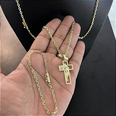 KIT CORRENTE CADEADO 3MM 60/70CM + PULSEIRA 21CM + PINGENTE CRUCIFIXO COM JESUS – Banhado a Ouro 18K
