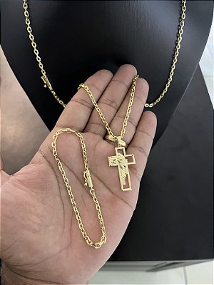 CORRENTE CADEADO FECHO GAVETA (3mm) + PULSEIRA CADEADO FECHO GAVETA (3cm-20cm) FECHO COM MARCAÇÃO 750 +CRUZ COM ROSTO DE JESUS - BANHADO A OURO 18K