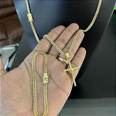 Kit Corrente Lacraia 4mm 60/70cm + Pulseira 21cm + Pingente Cruz Maciça – Banhado a Ouro 18K