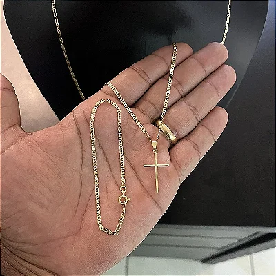 KIT CORRENTE PIASTRINE 2MM 70CM + PULSEIRA 21CM + PINGENTE CRUZ LISA – Banhado a Ouro 18K