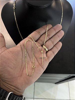CORRENTE PIASTRINE (2mm-70cm) + PULSEIRA PIASTRINE (2mm-20cm) + CRUZ PALITO - BANHADO A OURO 18K