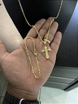 CORRENTE TIJOLINHO (3mm-70cm) + PULSEIRA TIJOLINHO (3mm-20cm) + CRUCIFIXO - BANHADO A OURO 18K