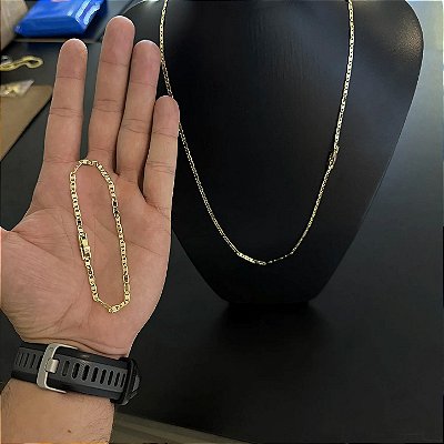 Corrente Piastrine 3mm 70cm + Pulseira 21cm – Banho Ouro 18k