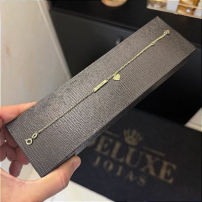 Pulseira plaquinha e coração 1mm 15cm infantil – Banhada a Ouro 18K