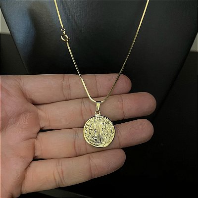 Corrente Rabo de Rato 1.8mm + Pingente Medalha São Bento – Escolha 60cm ou 70cm – Banhada a Ouro 18K