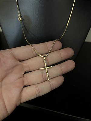 CORRENTE RABO DE RATO (1.8MM - 60cm ou 70cm) + PINGENTE CRUZ PALITO - BANHADO A OURO 18k