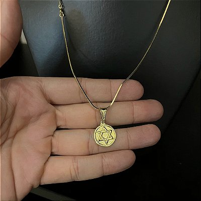 Corrente Rabo de Rato 1.8mm + Pingente Medalha Estrela de Davi – Escolha 60cm ou 70cm – Banhada a Ouro 18K