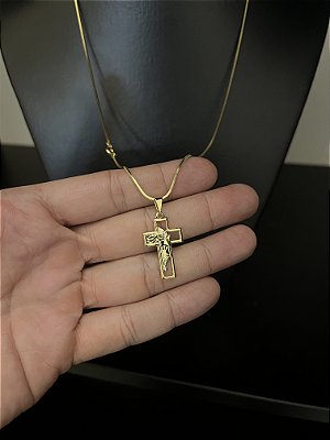 CORRENTE RABO DE RATO (1.8MM - 60cm ou 70cm) + PINGENTE CRUCIFIXO COM JESUS - BANHADO A OURO 18k