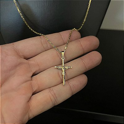 Corrente Tijolinho 1.5mm + Pingente Crucifixo com Jesus – Escolha 50cm, 60cm ou 70cm – Banhada a Ouro 18K
