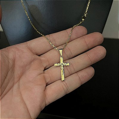 Corrente Tijolinho 1.5mm + Pingente Crucifixo com Jesus – Escolha 50cm, 60cm ou 70cm – Banhada a Ouro 18K