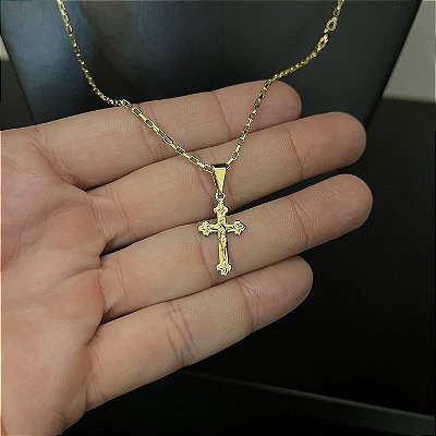 Corrente Tijolinho 1.5mm 70cm + Pingente Cruz pp – Banhada a Ouro 18K