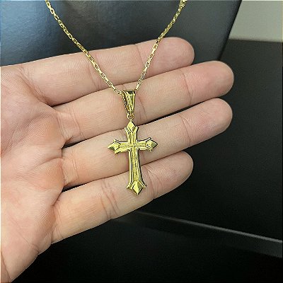 Corrente Tijolinho 1.5mm 50cm + Pingente Cruz – Banhada a Ouro 18K