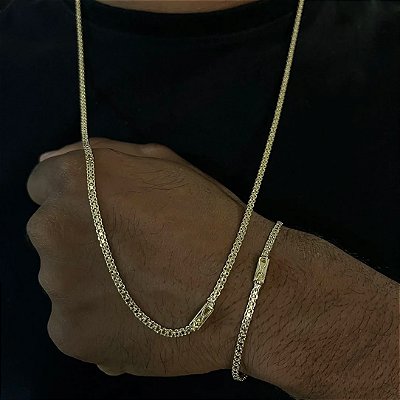 Corrente Cadeado Duplo 3mm 60cm ou 70cm + Pulseira 21cm – Banho Ouro 18k