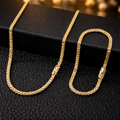 Corrente Cadeado Duplo 3mm 60cm + Pulseira 21cm – Banho Ouro 18k
