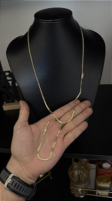CORRENTE CADEADO DUPLO FECHO GAVETA (3mm- 60CM ou 70CM) + PULSEIRA CADEADO DUPLO FECHO GAVETA (3mm-20CM) - BANHADO A OURO 18K